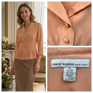 Silk Peplum Blouse 90's Vintage Peach Old Money Quiet Luxury Sz 6 David Warren